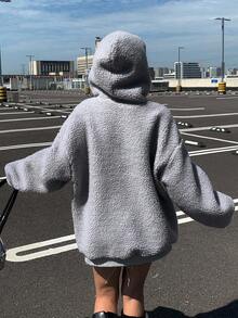 DAZY 女士宽松连帽加厚羊毛夹克，休闲高端外套，冬季女式大衣 - 藍色 - 查看 2