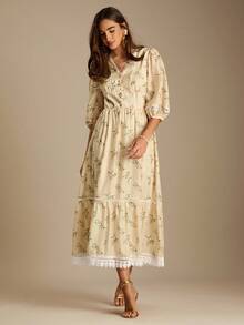 Enchnt Romantic Light Yellow Floral Print V-Neck Lantern Sleeve Ruffled Hem Dress Is Perfect For Autumn And Winter. Sweet And Elegant, It's Suitable For Vacations, Dates, Holidays, Parties, Graduations, Wedding Guests, The Beach, Dances, Sundresses, Carnivals, And Other Autumn/Winter Occasions. - Yellow - View 4