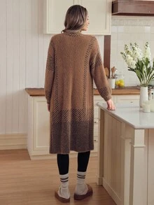 Louniche 女士休闲蓬松针织开衫，秋冬 - 棕色 - 查看 2