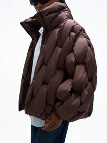 GENKIRA New Slim Fit Casual Chic Minimalist High-End Zipper Design Thick Padded Coat - Coffee Brown - View 3