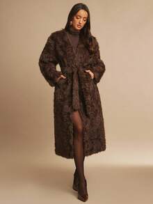Silquee Women's Solid Color Long Sleeve Long Fluffy Brown Fur Jacket, Loose Fashion Design Clothing Thanksgiving Women's Fur Coat Autumn Women's Clothing Christmas Women's Clothing Homecoming Comfortable Soft Warm Suitable For Parties And Dates With Belt Tie - Brown - View 4