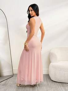 SHEIN PETITE 女式纯色圆领褶边无袖休闲连衣裙，夏季 - 粉色 - 查看 2