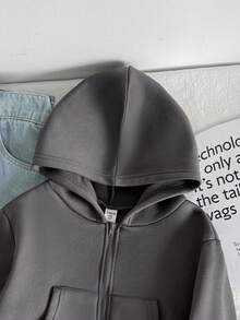 SHEIN 少女休闲舒适街头风宽松连帽拉链短款卫衣，返校秋冬款 - 深灰色 - 查看 4