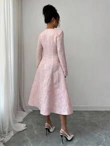 Elenzga Women's Pink Jacquard Textured Fabric Square Neck Waist Cinching A-Line Midi Dress, Elegant And Sophisticated, Suitable For Birthday, Date, Party, Concert, Christmas Eve, Christmas, Autumn/Winter - Pink - View 2