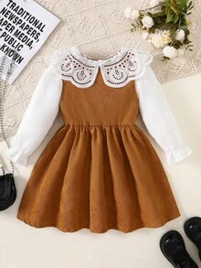 Elladie kids Robe de mode confortable pour l'automne/hiver avec col à volants, manches longues, épissure blanche et décoration de nœud de café mignon pour jeune fille - Café - Voir 2