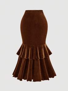 SHEIN MOD 大码复古棕色荷叶边下摆美人鱼裙 - 棕色 - 查看 2
