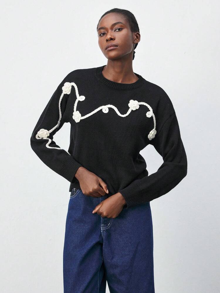 SHEIN Maija Women's Casual Chic Urban Colorblock Floral Decor Round Neck Sweater, Versatile For Spring, Autumn & Winter Flower Sweater Knitted Sweaters Women Sweaters Sweater Tops Women Jumper Modern Urban Casual Fashion Business Casual Women's Office Wear Low-Key Old Money Style Effortless Temperament High-End Urban Commuting High-Quality Airport Women's Wear High-End Material Christmas Evening Clothes New Year Atmosphere Holiday Party Women's Clothing Christmas Evening Clothes New Year Atmosphere Holiday