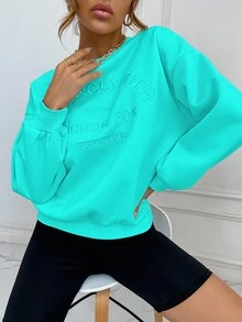SHEIN Unity Women's Letter Embroidery Solid Color Crew Neck Long Sleeve Long Sweatshirt - Green - View 4