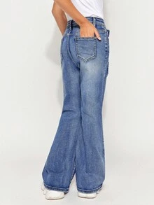Radiana Tween Girls Y2K Fashion Stonewashed Heart Pattern High Waist Flare Leg Jeans, Girls Fall Clothes Streetwear Outfits - Medium Wash - View 2