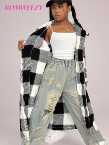 Áo khoác lông cừu kẻ caro hai mặt cho bé gái, họa tiết caro đen trắng, áo khoác ngoài ấm áp và thời trang cho phong cách đường phố mùa đông - màu đen - Xem 1