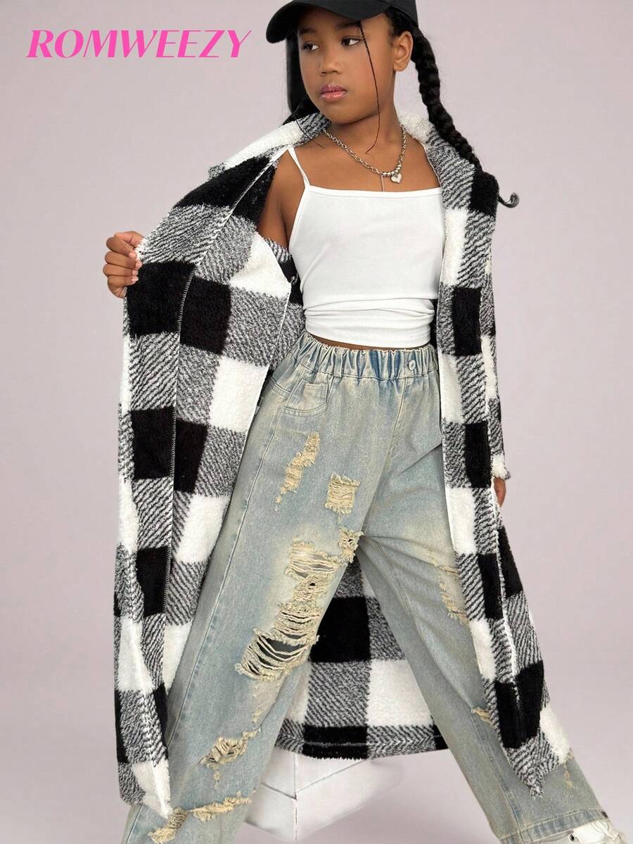 Áo khoác lông cừu kẻ caro hai mặt cho bé gái, họa tiết caro đen trắng, áo khoác ngoài ấm áp và thời trang cho phong cách đường phố mùa đông - màu đen - Xem 1