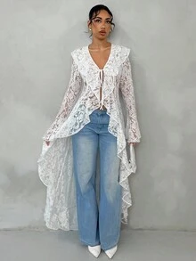 Glamine Spring & Summer Romantic Vacation Ruffled Elegant Lace See-Through Women's Long Thin Coat,Vacation Outfits Woman Summer Tops ,Summer Outfits For Women Business Casual Woman,White Cardigan Women, Lace Top Women Tops Summer Boho Outfits Women Fall Winter Cloth For Women