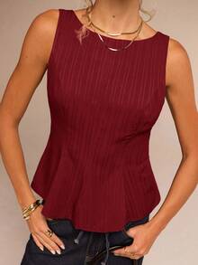 Avantive Women's Round Neck Ruffle Hem Sleeveless Casual Top, Suitable For Commuting And Everyday Wear,Red Top - Burgundy - View 6