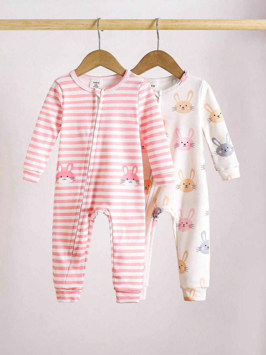 Conjunto de pijama de una pieza con estampado de conejo lindo de manga larga para bebés niñas - Rosa Pálido - Ver 1