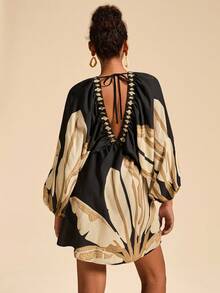 Travachic Vacation Printed V-Neck Long Sleeve Mini Dress For Women,National Day,  New Year Clothes,  Going Out Outfit, Luxury Elegant Graduation, Tunic Dresses,Fall Winter Clothes, Christmas Party, New Year, Wedding Guest Outfits, Elegant Graduation, Luxury Prom Dress, Casual Outfits - Multicolor - View 2