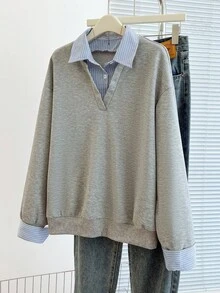 Franclia 女士秋季拼布条纹衬衫领落肩长袖休闲宽松运动衫 - 灰色 - 查看 4