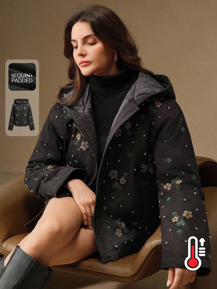 Abrigo de invierno elegante para mujer con bordado floral y decoración de strass en negro y gris denim, adecuado para otoño, invierno, salidas, eventos formales, fiestas, estilo chic, Año Nuevo, graduación