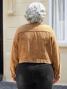EMERY ROSE Plus Size Women's Vintage Washed Denim Jacket, Autumn - Coffee Brown - View 4