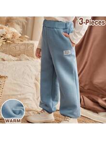 Loomiva 3件套男婴松紧腰罗纹袖口裤套装，男童秋冬长裤，男童棉裤，男童舒适休闲裤，男童运动裤，男童慢跑裤，男童羊毛裤，儿童冬裤，小男孩运动裤，宽松运动裤，男童裤子，男童休闲裤，儿童运动裤 - 卡其色 - 查看 1