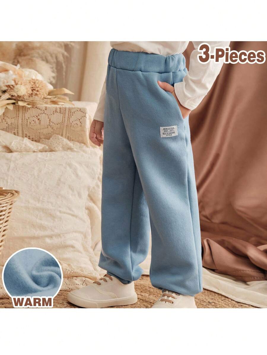 Loomiva 3件套男婴松紧腰罗纹袖口裤套装，男童秋冬长裤，男童棉裤，男童舒适休闲裤，男童运动裤，男童慢跑裤，男童羊毛裤，儿童冬裤，小男孩运动裤，宽松运动裤，男童裤子，男童休闲裤，儿童运动裤 - 卡其色 - 查看 1