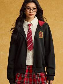 HARRY POTTER X SHEIN Women's Casual Badge Patch Zip-Up Hoodie Sweatshirt, Autumn - Black - View 4