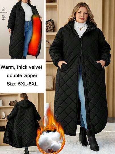 SHEIN CURVE+ Ropa de mujer talla grande/Ropa de otoño/Ropa de mujer para invierno/Abrigo acolchado de largo largo con capucha casual de talla grande para invierno, Abrigo acolchado de talla grande, Chaqueta larga de talla grande, Abrigo de plumas de talla grande, Abrigo de invierno de talla grande 8xl