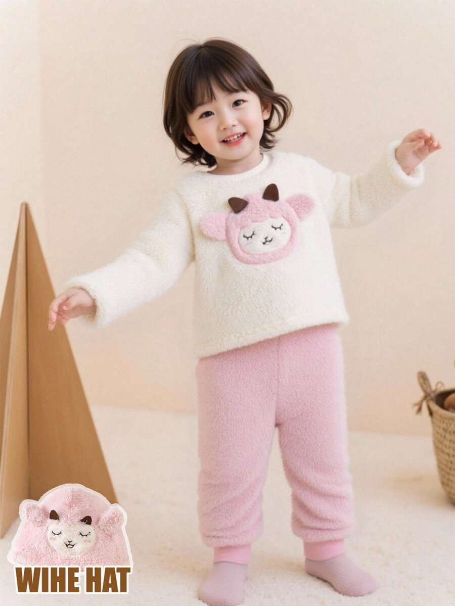 3pcs Baby Girls' Cartoon Sheep Embroidery Pajama Set With Hats,White And Pink,Autumn,Cute,Lounge Fleece Long Sleeve Winter Pajamas,9M-3Y Newborn Girl - Pink - View 1