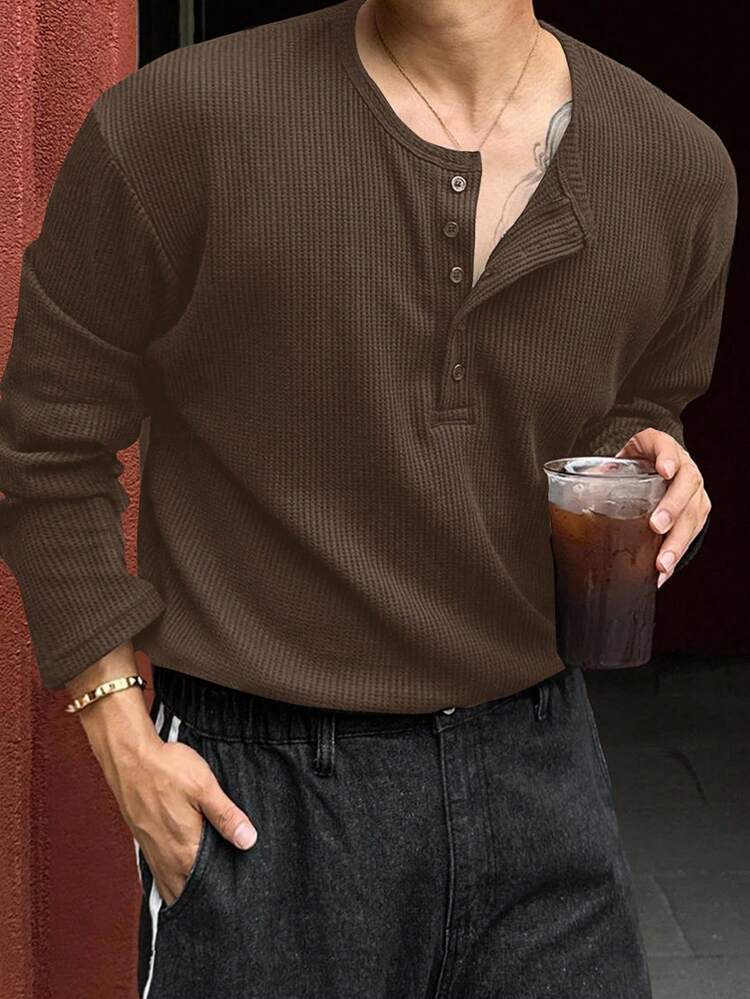 Men's Textured Fabric Solid Color Basic Half-Zip T-Shirt