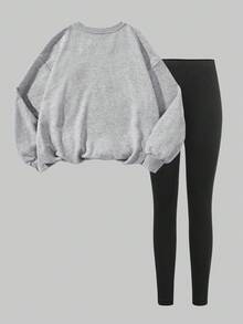 Slaydiva 2pcs Fall Casual Minimalist Horse Logo Print Loose Fit Crew Neck Sweatshirt And Black Leggings Set, All-Match Versatile Outfit For Autumn/Winter - Multicolor - View 2