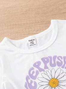 SHEIN Playful Pals Áo thun tay ngắn màu trắng phong cách đường phố thời trang dành cho bé gái có họa tiết in, kết hợp với quần ống rộng màu hồng, mùa hè - Màu tím - Xem 6
