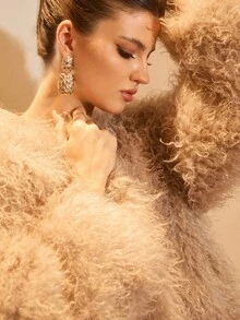 Poéselle 女士休闲圆领斜口袋仿皮草夹克，秋冬 - 摩卡棕 - 查看 5