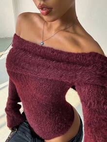 SHEIN Unity 秋冬款厚款露肩高领长袖紧身衣 - 酒紅色 - 查看 3