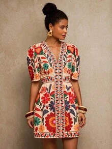 Travachic V-Neck Printed Woven Mini Dress For Women, Vacation,National Day,  New Year Clothes,  Going Out Outfit, Luxury Elegant Graduation, African Print Dress, Mexican Style Dress Women, Boho Dress For Women,Fall Winter Clothes, Christmas Party, New Year, Wedding Guest Outfits, Elegant Graduation, Luxury Prom Dress, Casual Outfits - Multicolor - View 5