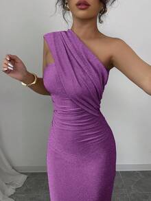 Elenzga 女士新款杏色优雅欧式高端宴会不对称裹肩性感褶皱腰修身长裙，后背高开叉闪亮针织弹力，舒适适合约会、派对、情人节 - 紫羅蘭色 - 查看 7