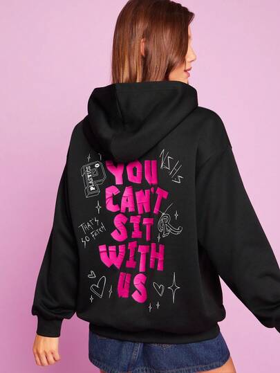 Mean Girls X SHEIN Felpa con cappuccio casual, larga e comoda, con stampa di slogan e corona, adatta per uso quotidiano e urbano, per donne