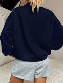 SHEIN EZwear 女士宽松高领半拉链运动衫，白色英式印花图案，适合秋冬季 - 藏蓝色 - 查看 2