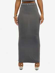 SUMWON WOMEN Vestido largo de manga larga con cintura alta y detalles de ojales para ocasiones de noche