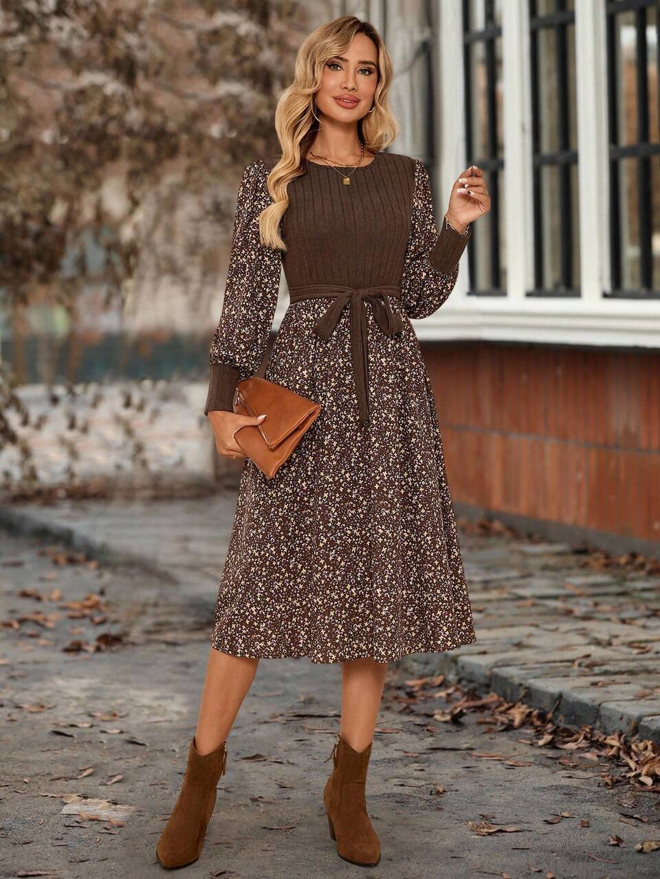 Women's Patchwork Ditsy Floral Round Neck Long Sleeve Casual Mid-Length Dress