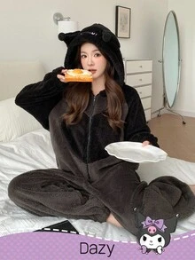 DAZY HELLO KITTY AND FRIENDS | SHEIN Flannelette Embroidery Cartoon Letter Pattern Contrast Raglan Sleeve Zip Up 3D Ears Hooded Romper Pajama - Black - View 3