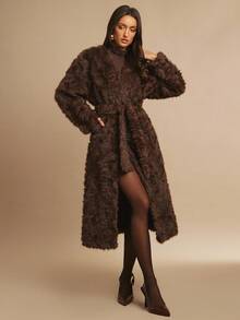 Silquee Women's Solid Color Long Sleeve Long Fluffy Brown Fur Jacket, Loose Fashion Design Clothing Thanksgiving Women's Fur Coat Autumn Women's Clothing Christmas Women's Clothing Homecoming Comfortable Soft Warm Suitable For Parties And Dates With Belt Tie - Brown - View 1