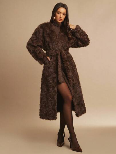 Silquee Women's Solid Color Long Sleeve Long Fluffy Brown Fur Jacket, Loose Fashion Design Clothing Thanksgiving Women's Fur Coat Autumn Women's Clothing Christmas Women's Clothing Homecoming Comfortable Soft Warm Suitable For Parties And Dates With Belt Tie