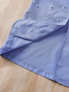 Sparklyn 3 件套年轻女孩时尚白色圆领长袖 T 恤 + 串珠粉色西装背心 + 松紧腰阔腿裤，适合日常、休闲、学校、所有季节 - 藍色 - 查看 8