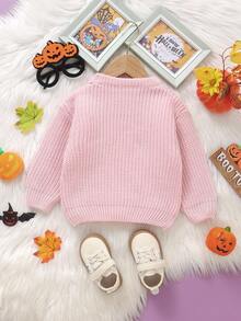 SHEIN Vintaside Kids 女婴万圣节休闲紫色毛衣，带有幽灵和花卉图案，柔软舒适，适合日常、郊游、旅行、度假、居家、日托、玩耍、派对、万圣节 - 粉色 - 查看 6