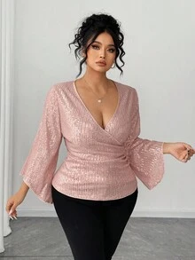SHEIN Elenzya 大码女式亮片装饰十字V领荷叶边腰长袖衬衫，优雅合身，秋冬 - 粉色 - 查看 1