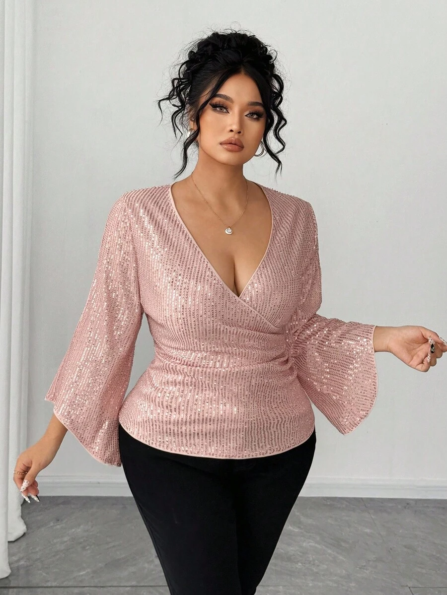 SHEIN Elenzya 大码女式亮片装饰十字V领荷叶边腰长袖衬衫，优雅合身，秋冬 - 粉色 - 查看 1