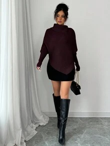 Elenzga Suéter de punto de cuello alto de unicolor con mangas de murciélago asimétricas para mujer, de moda y versátil para vacaciones y días festivos - Red Plum - Ver 4