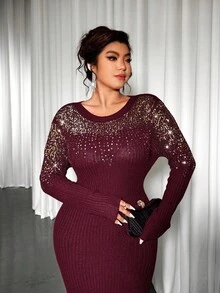 Allurite Christmas Plus Size Sweater Dresses - Burgundy - View 4