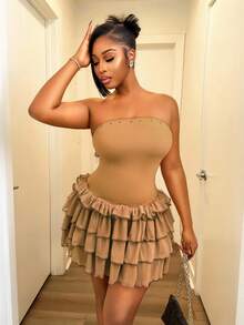 BamGleam Vestido mini con bandeau de múltiples capas, sexy y de moda para mujer - Caqui - Ver 4