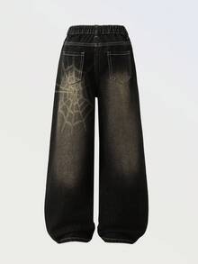 Denimly 女童 West Wild Preppy 户外风格松紧腰拉链门襟个性化印花复古水洗牛仔裤，适合街头、户外和通勤穿着 - 中等水洗藍 - 查看 1