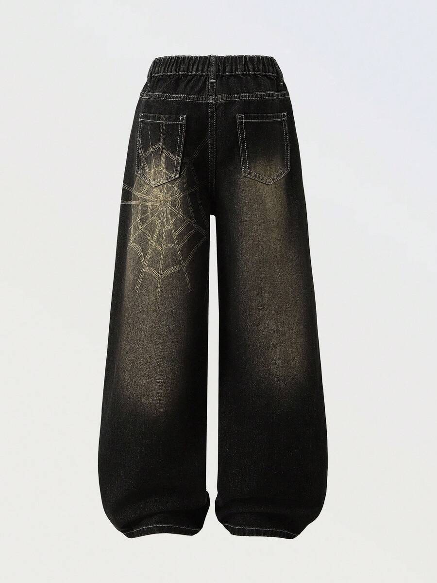 Denimly 女童 West Wild Preppy 户外风格松紧腰拉链门襟个性化印花复古水洗牛仔裤,适合街头、户外和通勤穿着 - 中等水洗藍 - 查看 1